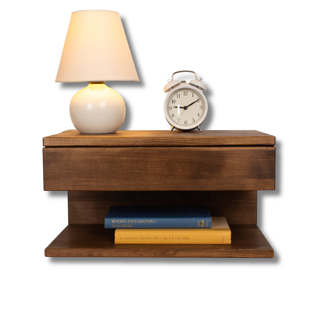 Rustic Wooden Floating Nightstand with Drawer and Open Shelf