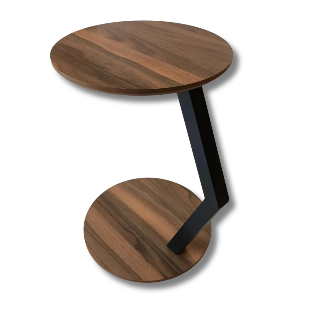 Modern Round C-Shaped Wooden Side Table with Metal Frame