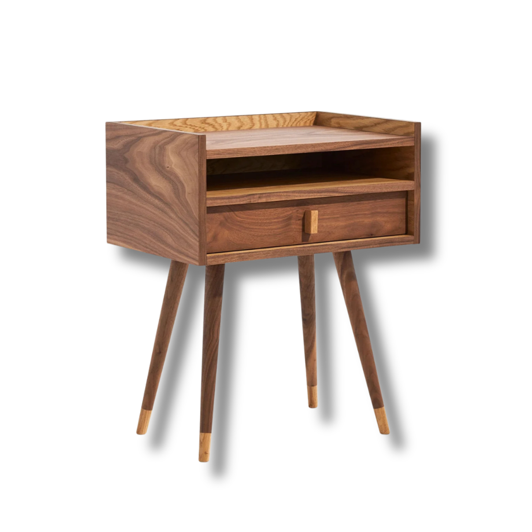 Mid-Century Wooden Nightstand with Drawer and Open Shelf