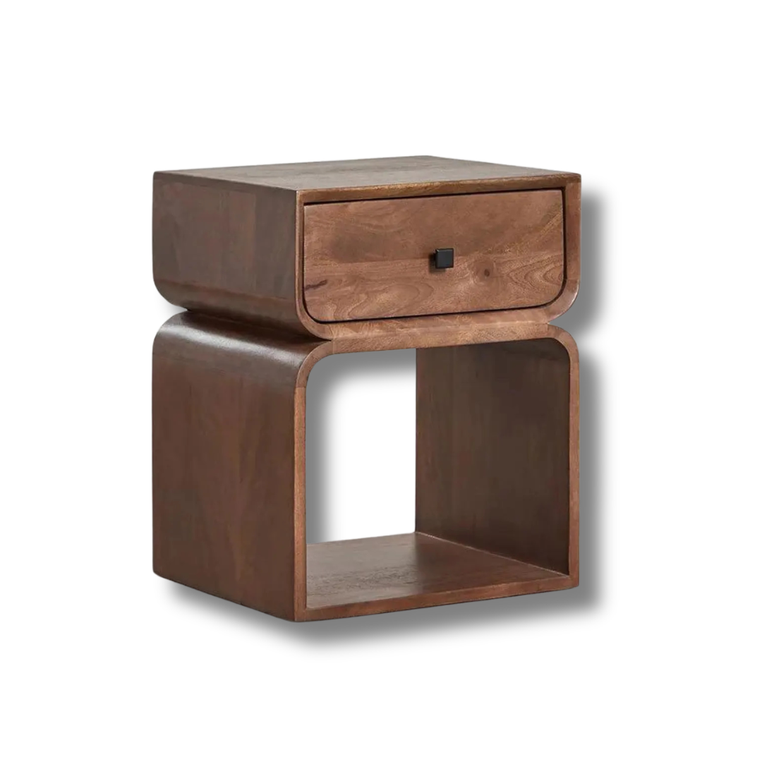 Modern Curved Wooden Nightstand with Drawer and Open Shelf